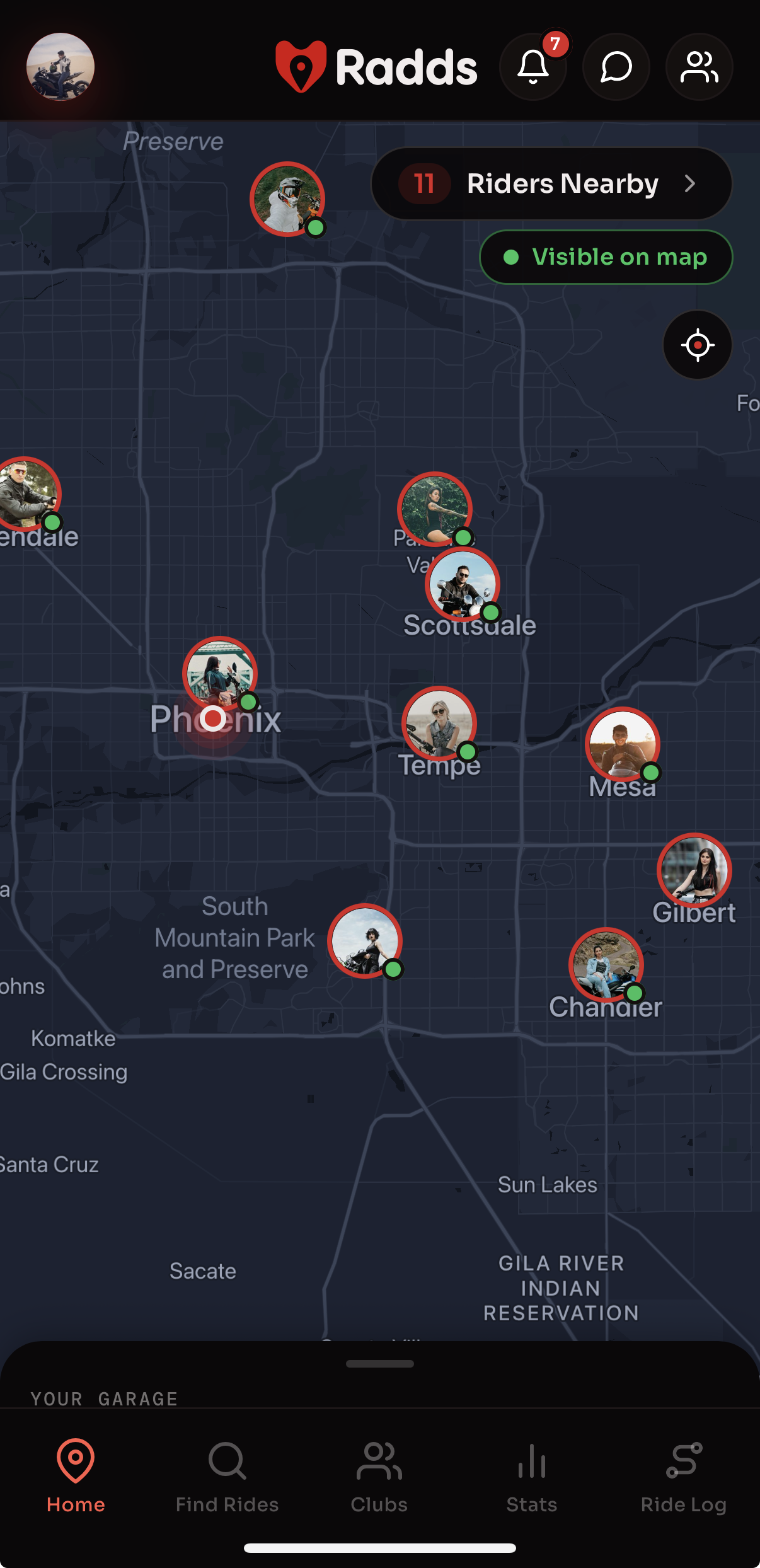 Radds nearby riders map showing the Phoenix area
